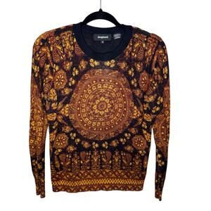 DESIGUAL / brown black abstract printed thin gauge knit pullover sweater / M